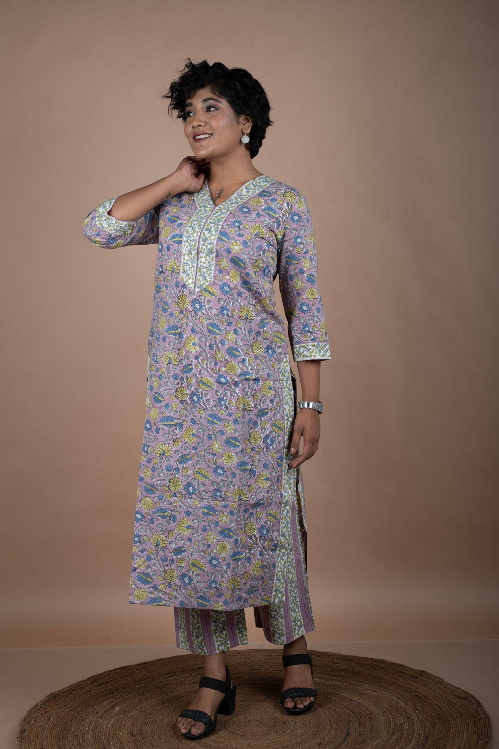 Mauve Cotton Floral Kurta & Pant Set