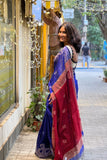 Bright Blue & Red Matka Silk Saree