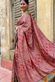 Maroon Ajrakh Embroidery Tussar Silk Saree with Brown Tinge