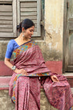 Maroon Ajrakh Embroidery Tussar Silk Saree with Brown Tinge