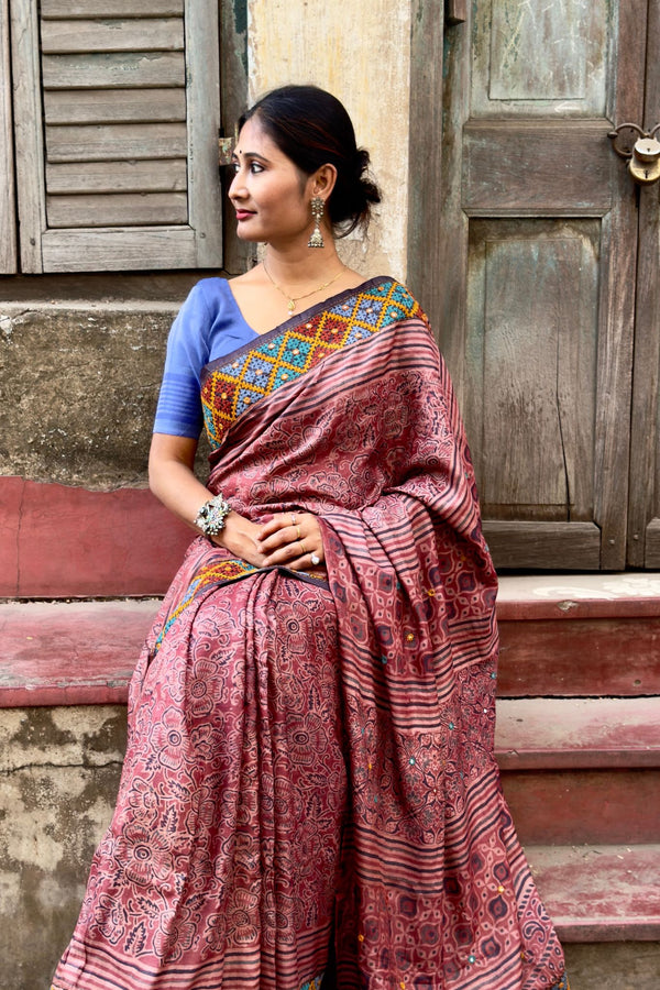 Maroon Ajrakh Print Tussar Silk Saree with Hand Embroidery
