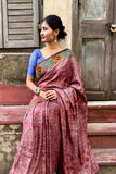 Maroon Ajrakh Embroidery Tussar Silk Saree with Brown Tinge