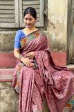 Maroon Ajrakh Print Tussar Silk Saree with Hand Embroidery