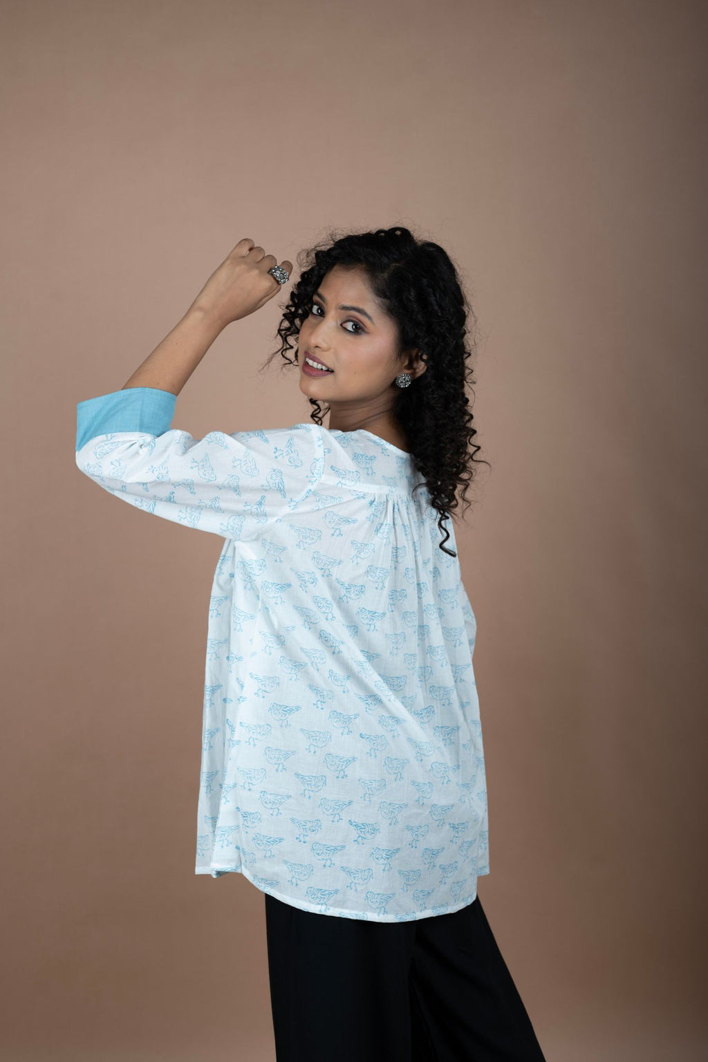 White Block Printed Cotton Top with Bird Motifs