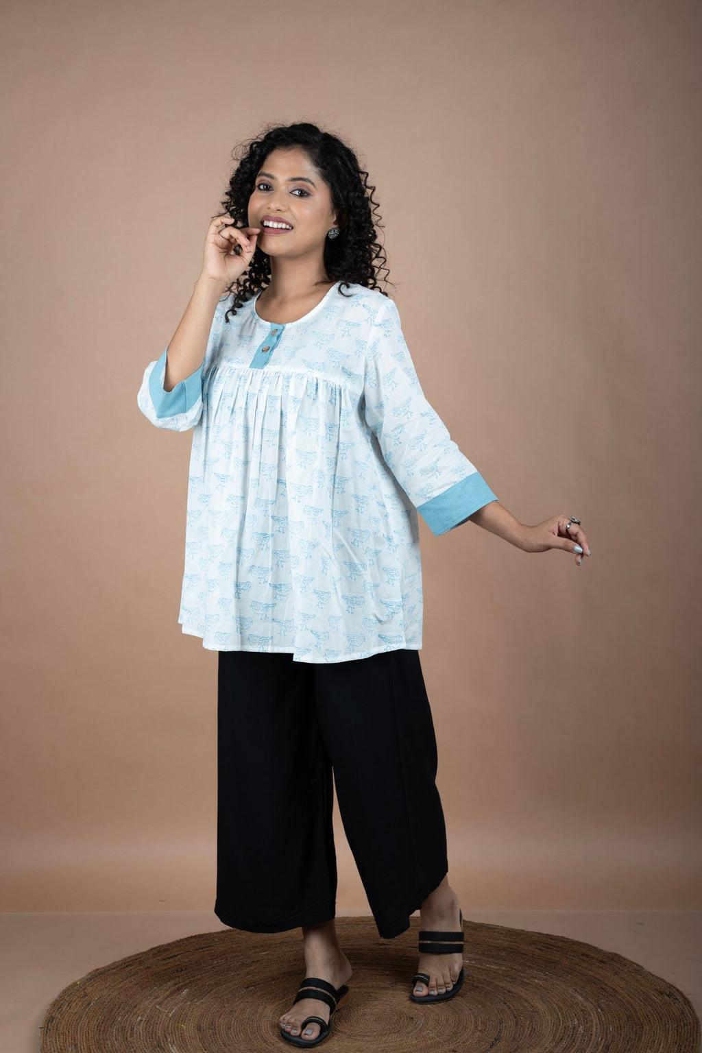 White Block Printed Cotton Top with Bird Motifs