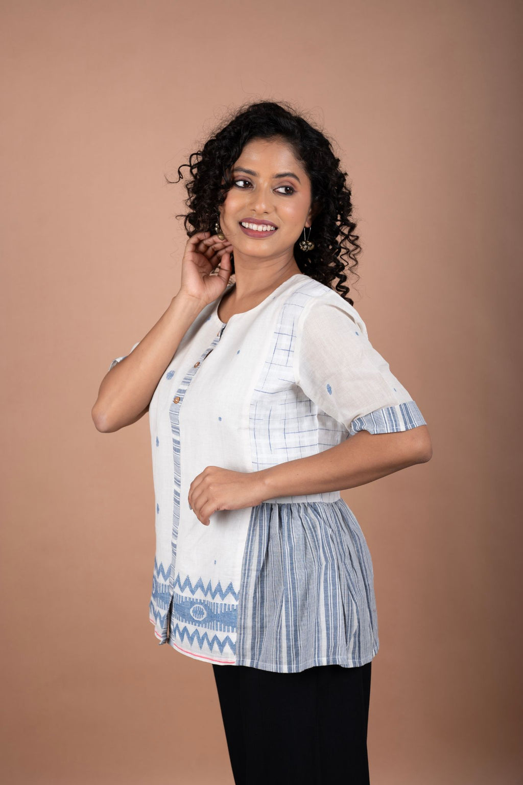 Off-White Cotton Jamdani Top – Handloom Checks & Striped Flare