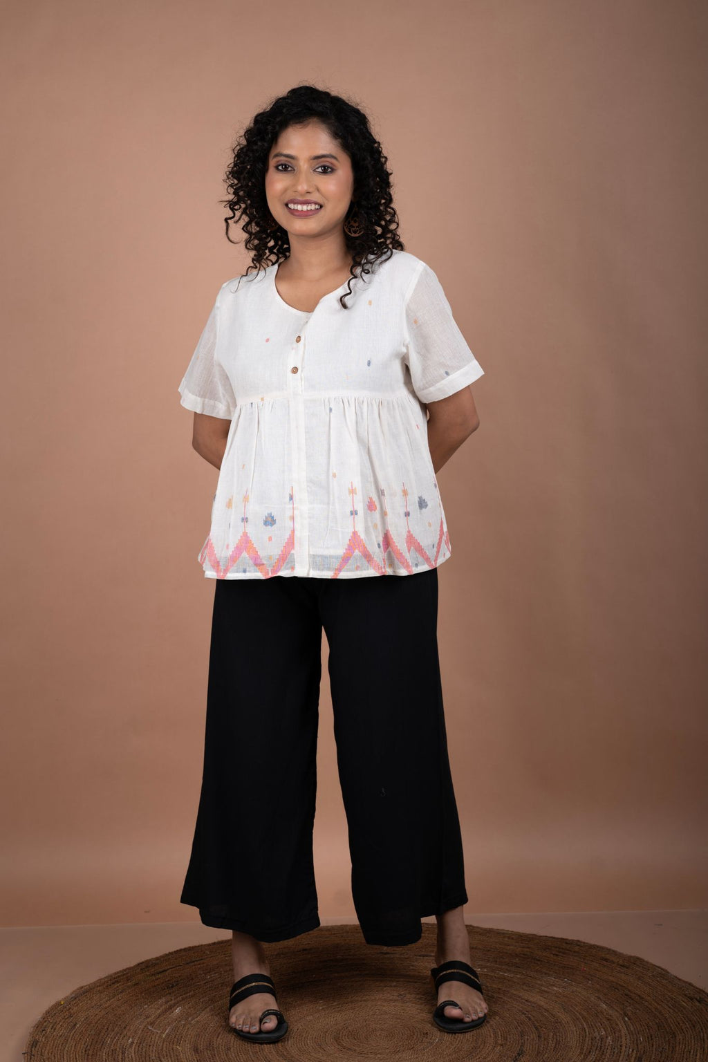 Off-White Jamdani Cotton Top – Scarce Red Motifs | Flared Silhouette
