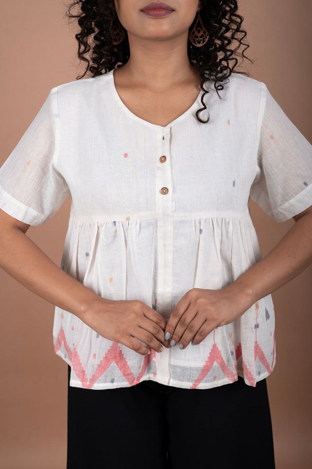 Off-White Jamdani Cotton Top – Scarce Red Motifs | Flared Silhouette