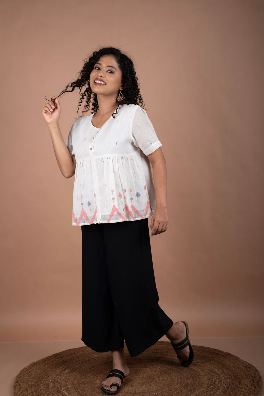 Off-White Jamdani Cotton Top – Scarce Red Motifs | Flared Silhouette