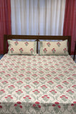 White Cotton Bedsheet with Red Floral Handblock Print