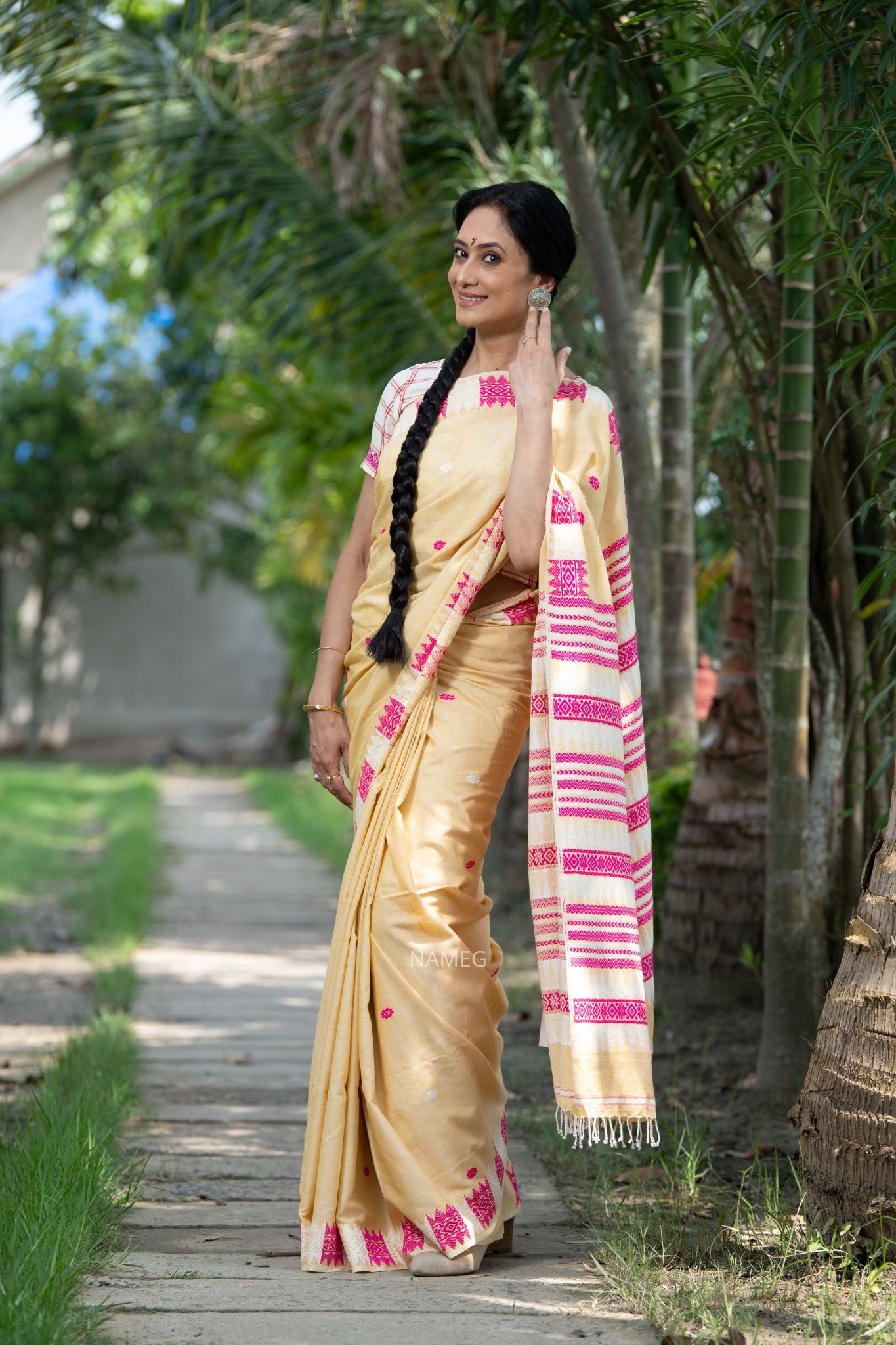 Beige silk saree with contrast border - G3-WSA53486 | G3fashion.com