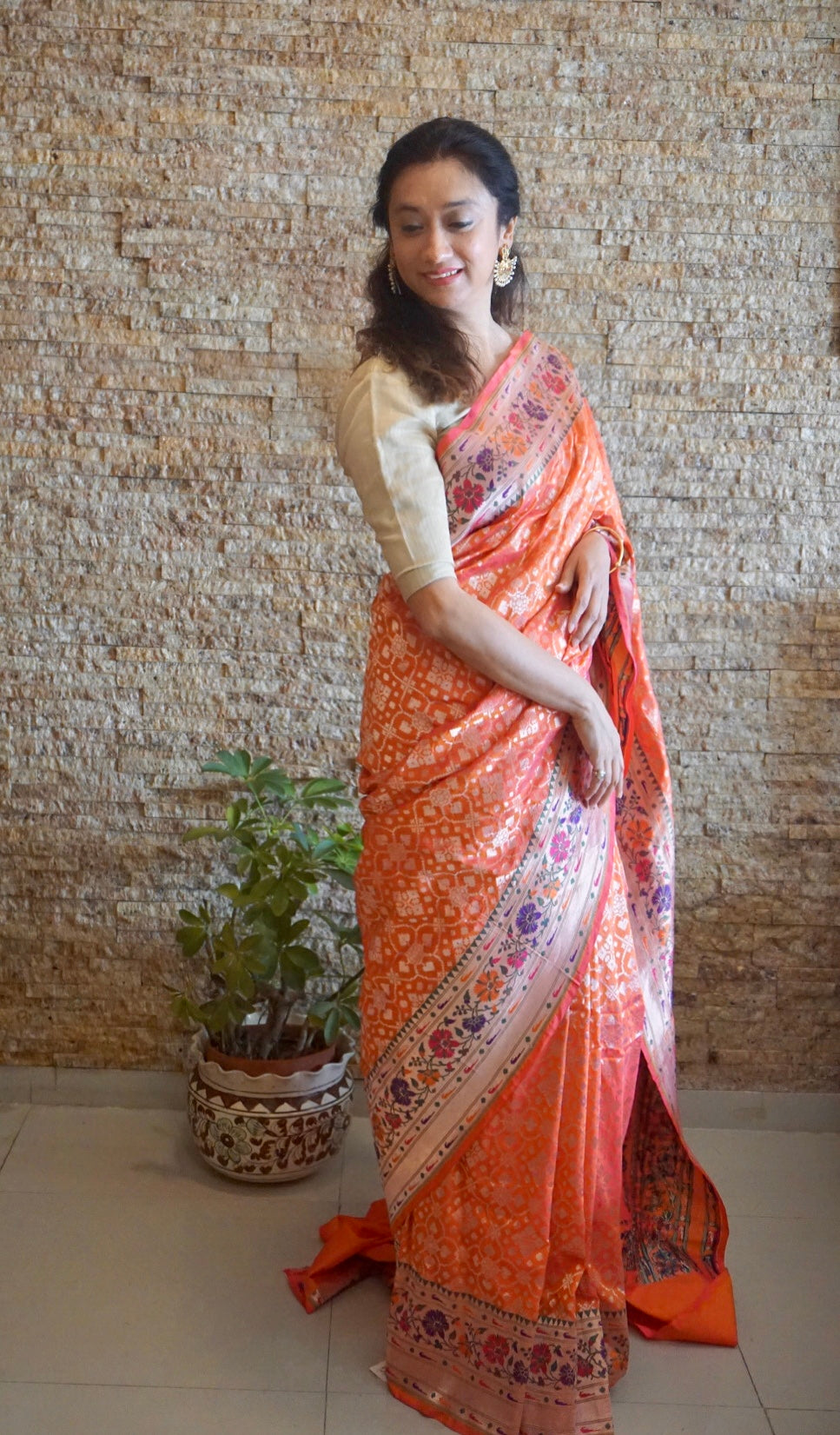 Orange Banarasi Saree Woven in Paithani Style - NamegStore