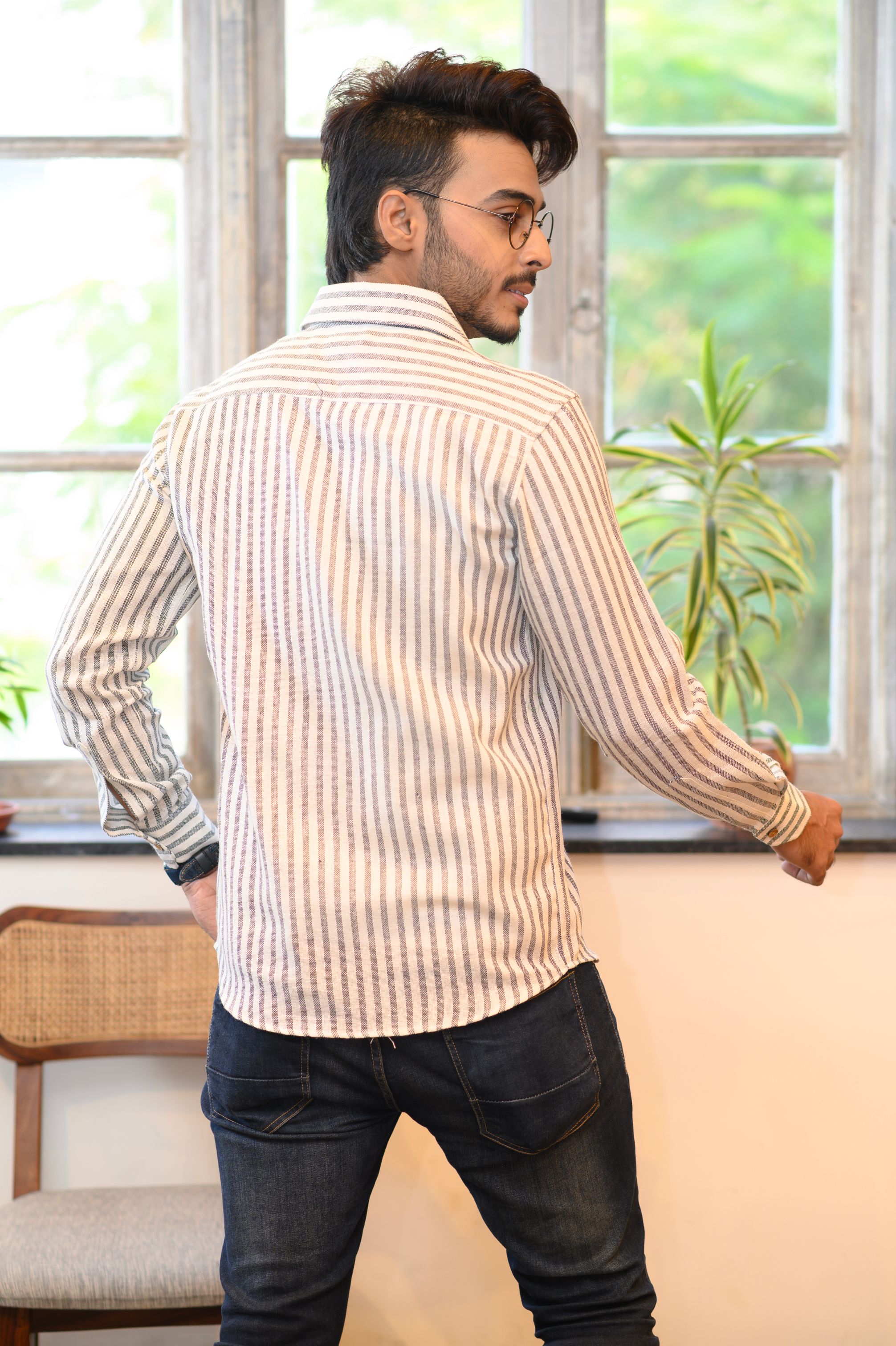 White & Grey Stripe Cotton Slim Shirt - NamegStore