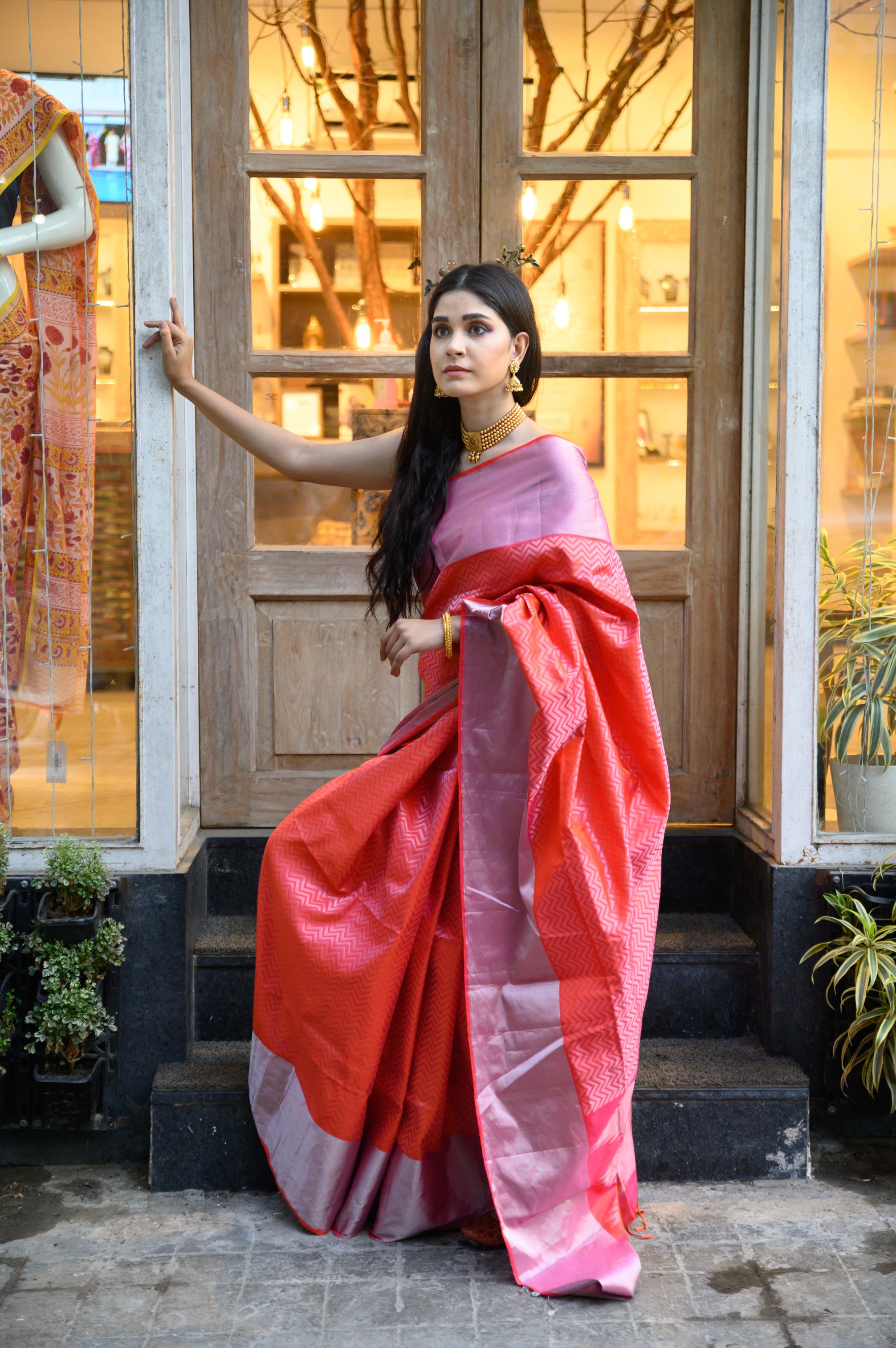 Red Silk Saree with Pink Border - NamegStore