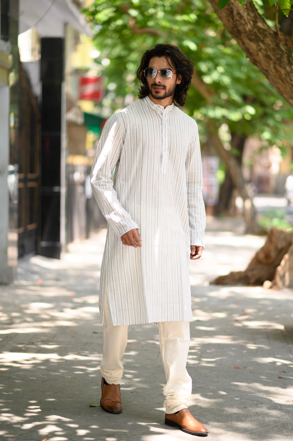 White Stripes Long Men's Kurta - NamegStore