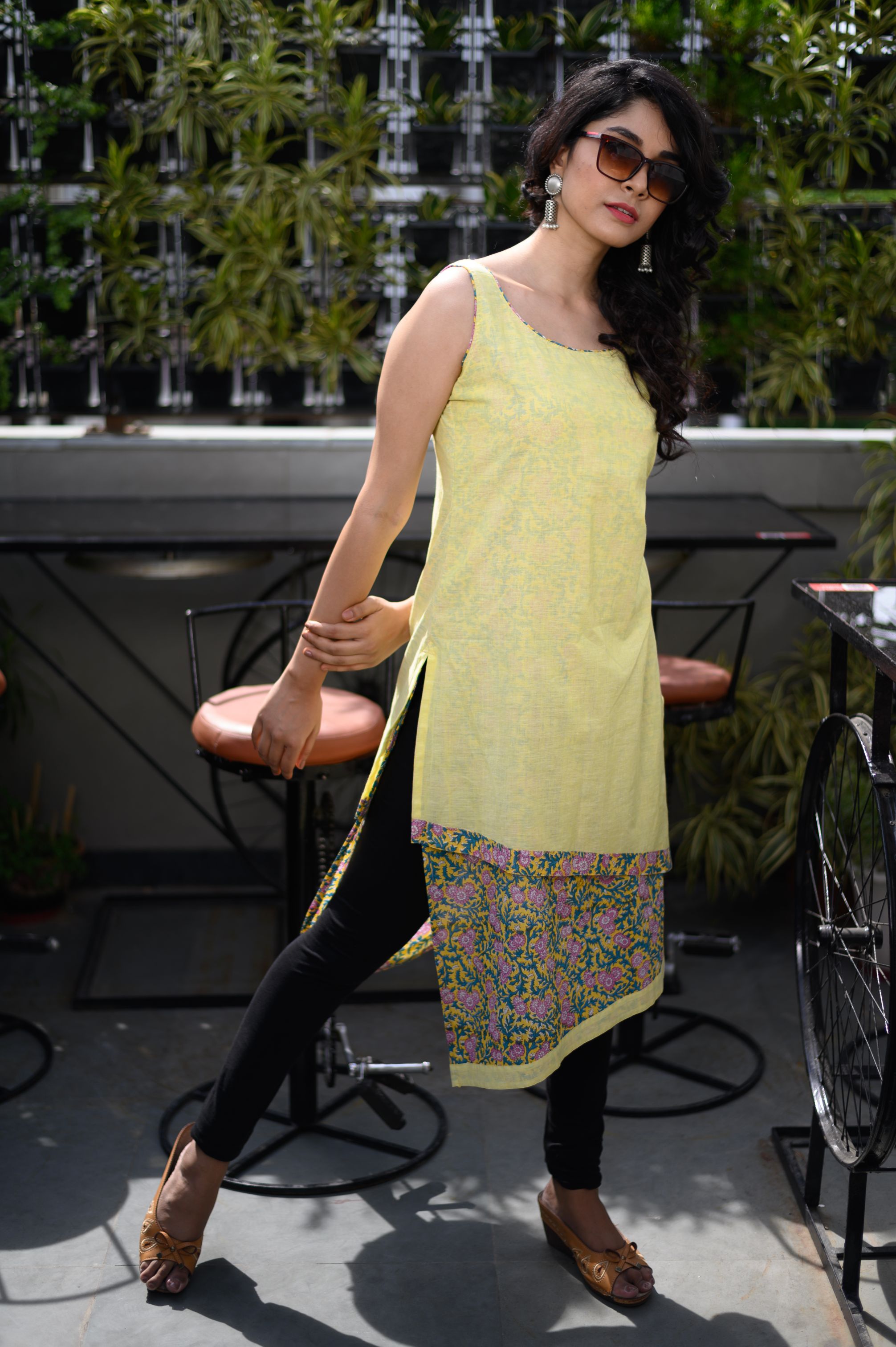 Lemon Green Floral Dress/Kurta - NamegStore