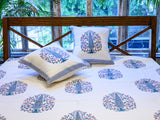 White with Hand Block Blue Print Bed Cover with Cushion Covers - NamegStore