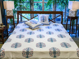 White with Hand Block Blue Print Bed Cover with Cushion Covers