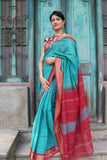 Teal Handloom Cotton Saree with Red Pallu - NamegStore